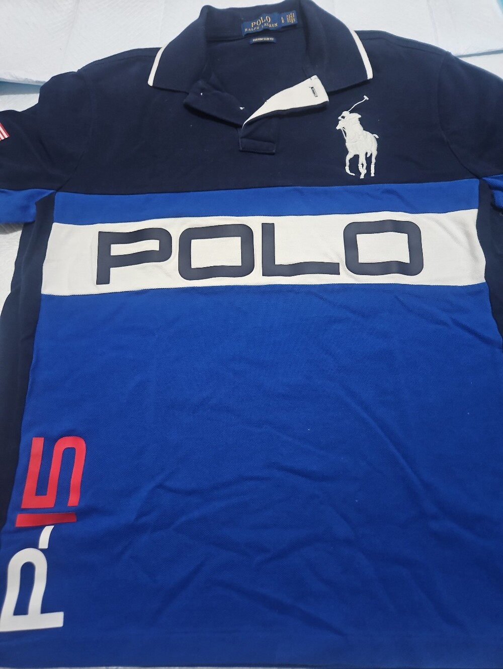 Polo by Ralph Lauren Navy, Royal Blue & White Striped Polo Shirt with Red Accent